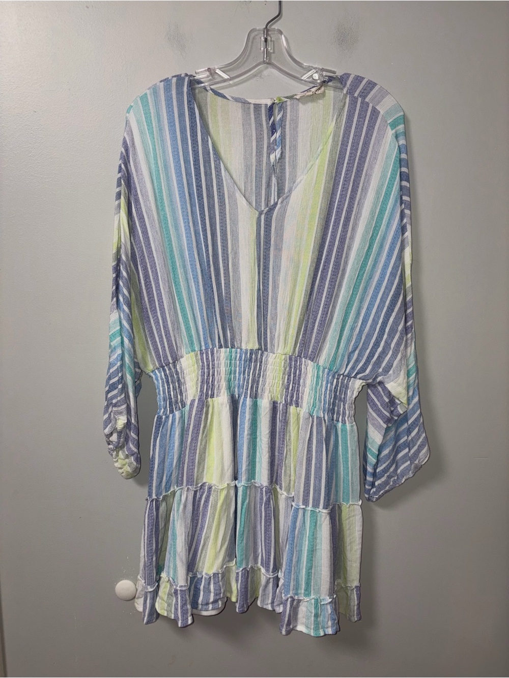 Entro Venice Beach Mini Dress Balloon Sleeve Smocked Striped Blue Green White 1X - Picture 2 of 4